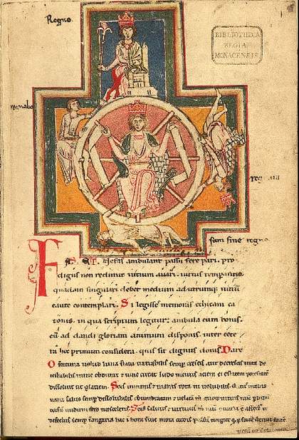 Titulní list Codexu Buranus s vyobrazením kola šťěstí (archív Bavorské štátní knihovny).